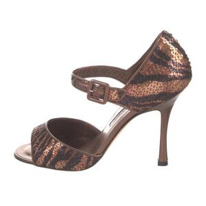 Manolo Blahnik Sequin Tiger Print Heels with buckle strap in excellent condition